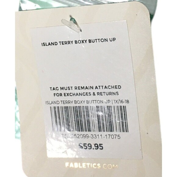 Fabletics Top Women's Size 1X Green Island Terry Cloth Button Up - Picture 7 of 8